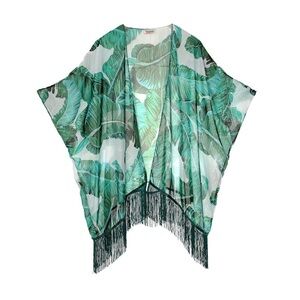 Women’s Tropical Palm Leaf Green Kimono Swim Coverup Cardigan Fringe